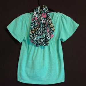 Turquoise Shirt w/ Patterned Scarf